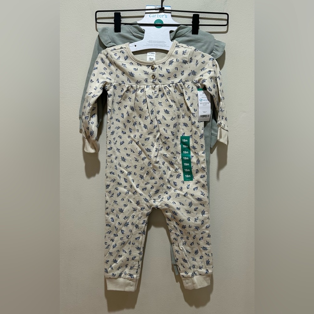 NWT Carter’s 2-pack Green & Cream Floral Pants Rompers - Baby Girl Size 18 Month